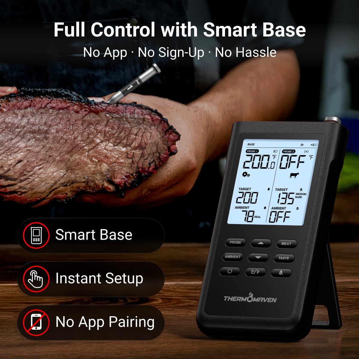 ThermoMaven 3000FT Wireless Meat Thermometer, No App Needed, 2 Probes