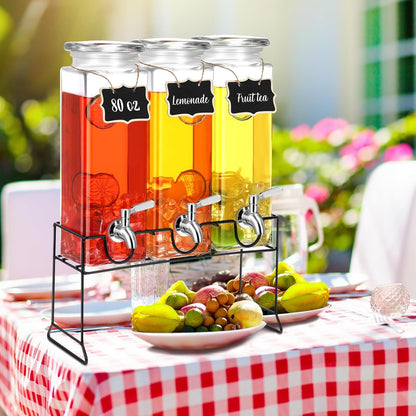 3 Pack 80 oz Tall Glass Drink Dispenser with Stand, Lid, Label and Stainless Steel Leakproof Spigot Beverage Water Dispenser Clear Mason Jar for Party Fridge(Square)