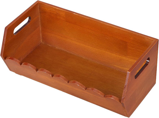 Wood Pantry Organizer Bin with Ergonomic Handles for Potatoes and Bread, Rustic Wooden Storage Basket with Waveshaped Contours and Flat Bottom for Kitchen Pantry or Cabinet