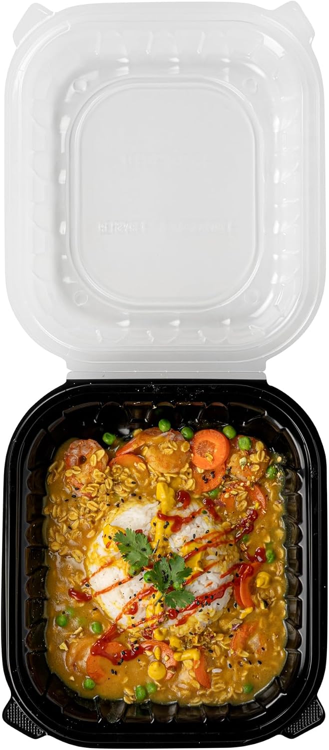 Thermo Tek 40 Ounce Clamshell Containers, 50 Disposable Take Out Boxes - 3 Compartments, Ventilated Lids, Black Plastic Meal Prep Containers, Microwavable, For Pasta Or Salads - Restaurantware