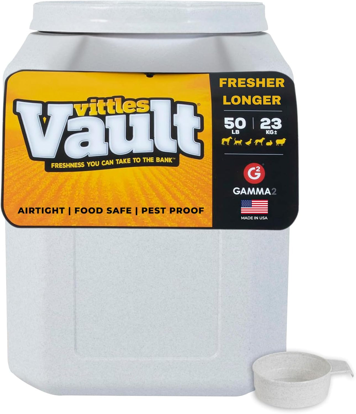 Vittles Vault Traditional Pet Food Storage Container For Dog Kibbles/Bird Seed/Oatmeal/Rice/Flour/Cereal, BPA Free Plastic, Sealed Airtight For Cat Food, Up To 30 lb, Made in USA, With Scoop, Gray
