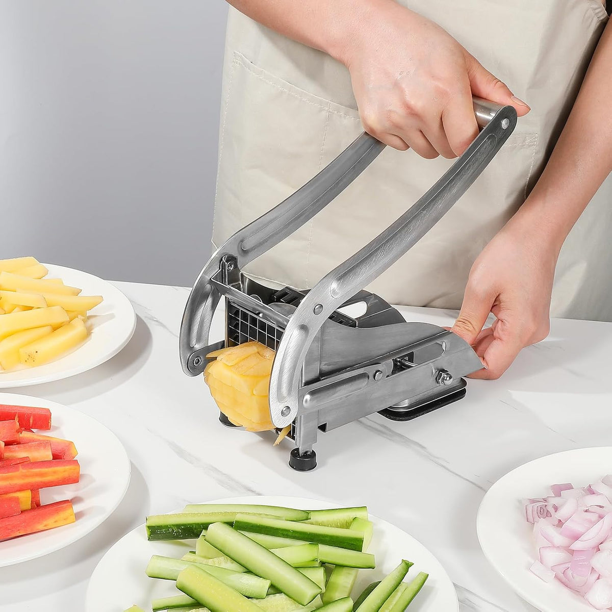Professional French Fry Cutter - Stainless Steel Potato Slicer with 2 Blades (1/2 and 1/3 Inch) and Non-Slip Suction Feet for Homemade French Fries, Chips & Sweet Potatoes (Silver, 1PCS)