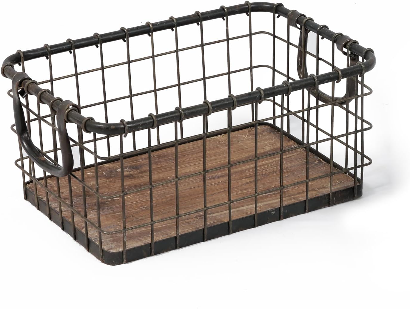 11.5" Wide Rectangular Sturdy Hand Welded Farmhouse Metal Wire Basket with Rustic Wooden Bottom For Shelves, Closet Storage Bins for Shelves. Also For Laundry, Towel, Spice Rack, Tool Box (11.5"x7")