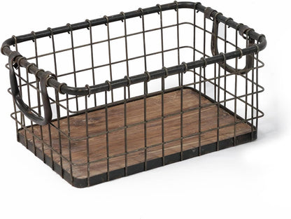 11.5" Wide Rectangular Sturdy Hand Welded Farmhouse Metal Wire Basket with Rustic Wooden Bottom For Shelves, Closet Storage Bins for Shelves. Also For Laundry, Towel, Spice Rack, Tool Box (11.5"x7")