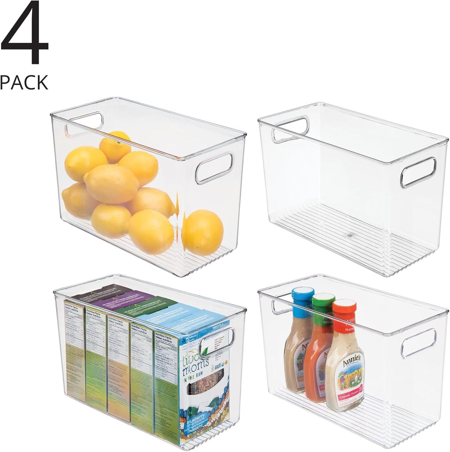 mDesign Plastic Storage Organizer Container Bin for Kitchen Organization in Pantry, Cabinet, Countertop Fridge, Refrigerator, and Freezer - Hold Food, Drink, or Snacks, Ligne Collection, 4 Pack, Clear