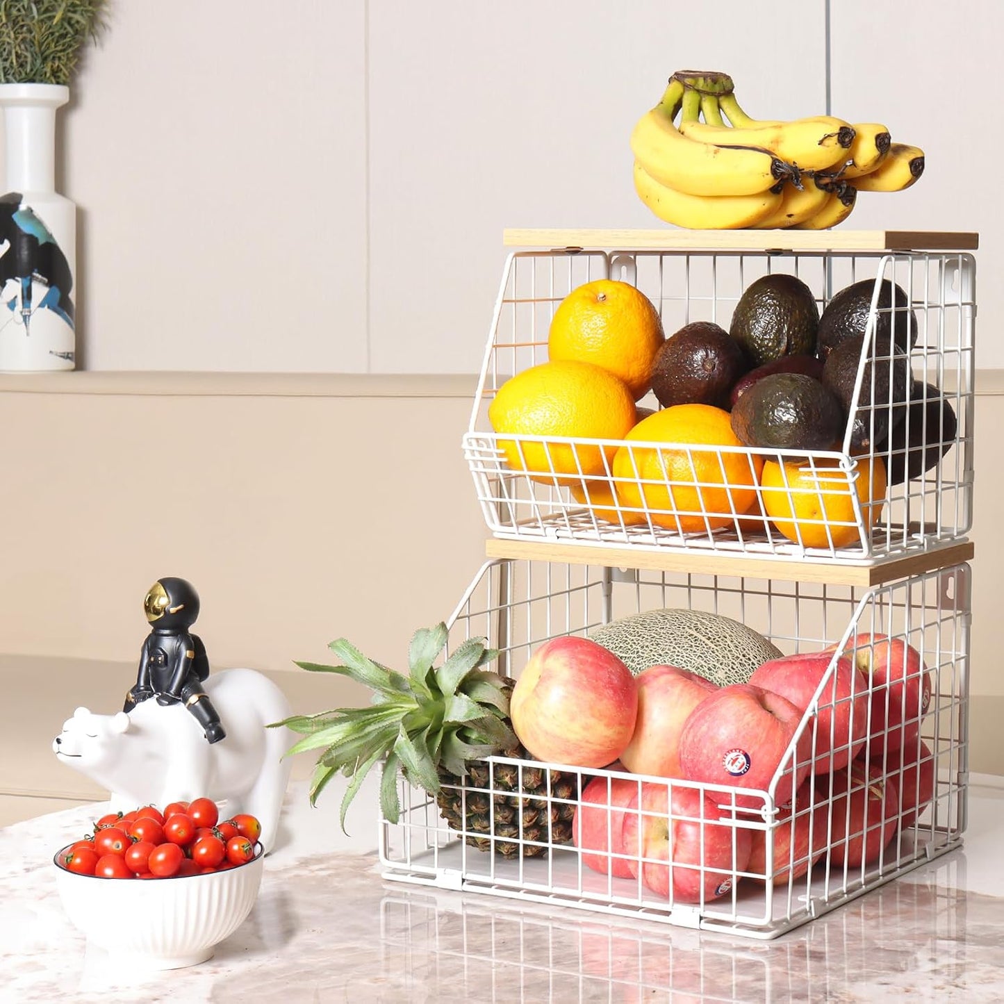 Mefirt Fruit Basket, 2-Tier Fruit Bowl for Kitchen Counter, Stackable Wall Mounted Fruit Storage, Snack Organizer, Potato and Onion Storage Basket, Hanging Pantry Storage with Wood Lid, 2 Set, White