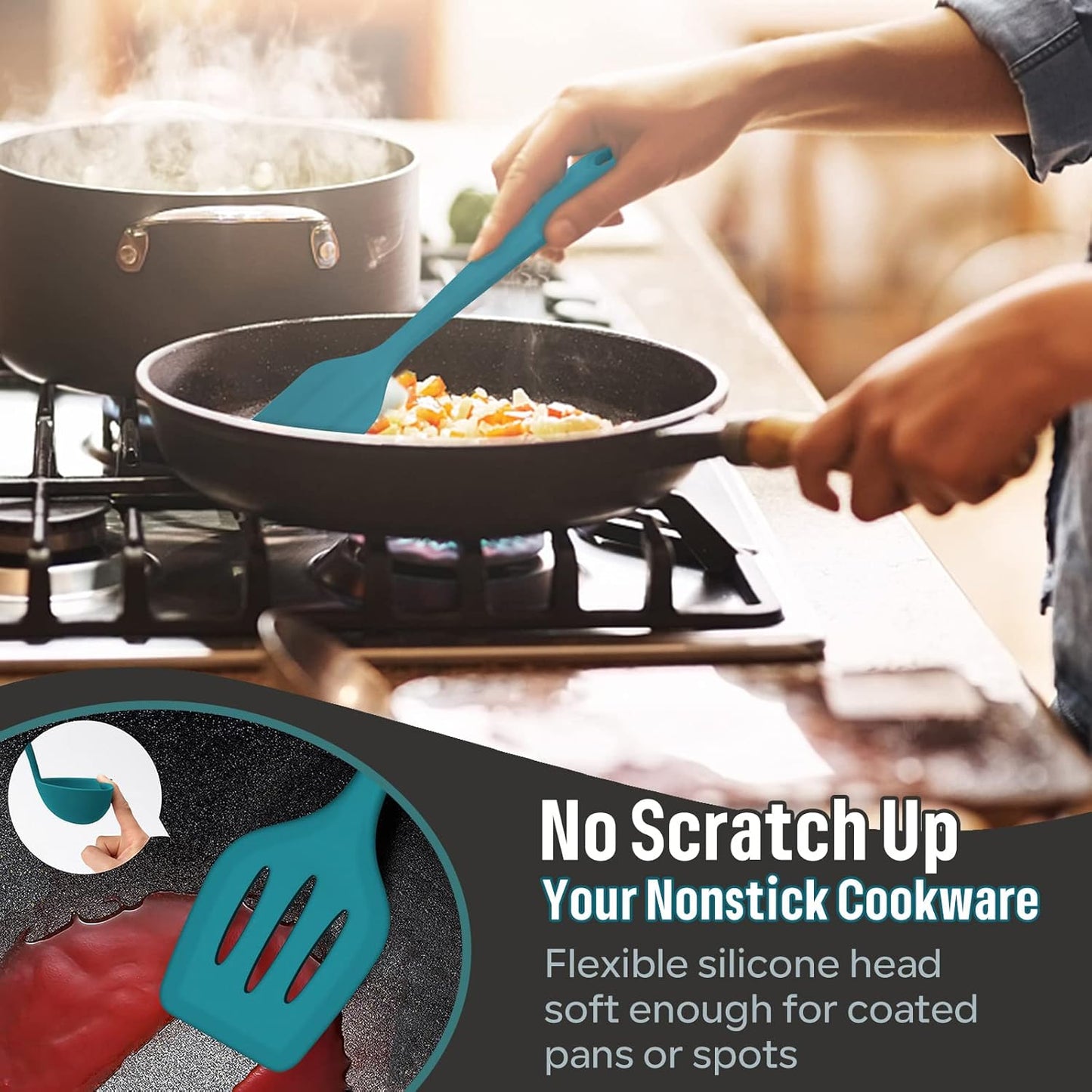E-far Silicone Cooking Utensils Set, 7-Piece Black Heat Resistant Kitchen Utensils Set, Kitchen Nonstick Tools Spatula Ladle Spoon Pasta Server for Non-stick Cookware, Non-Toxic & Dishwasher safe