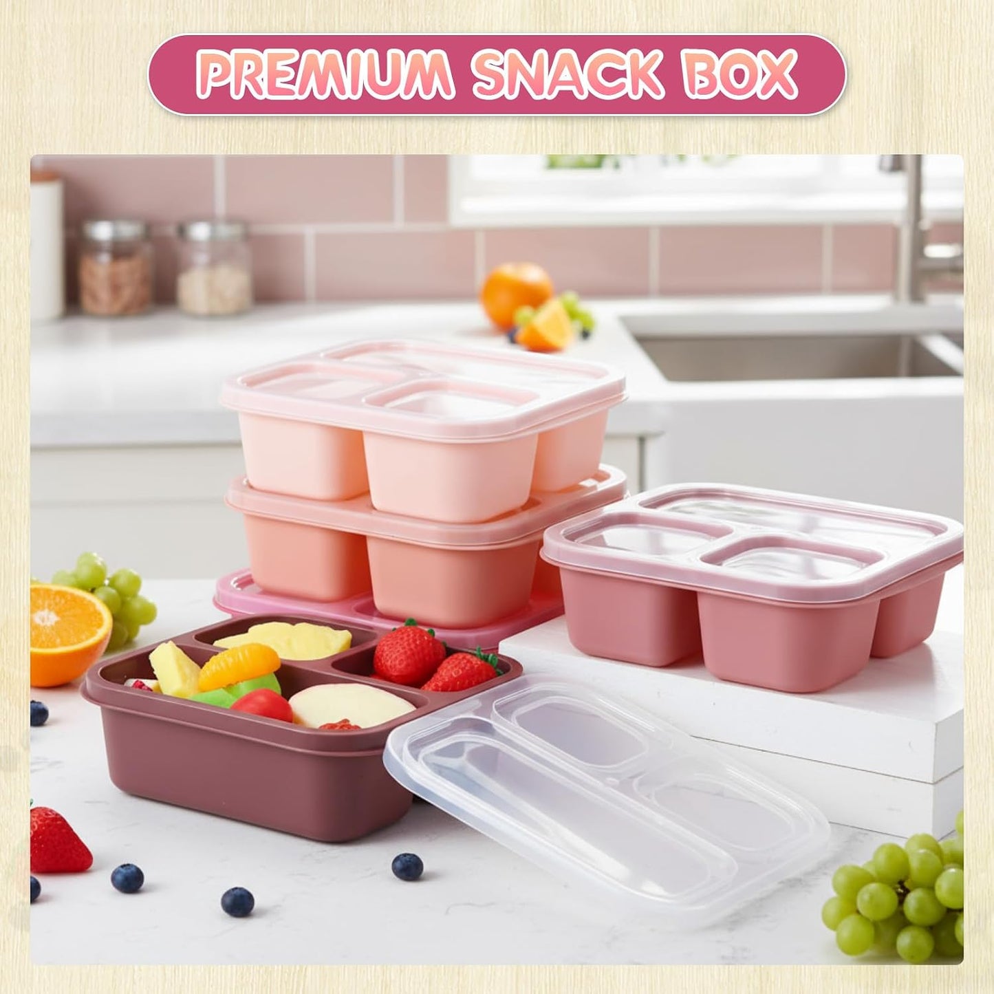 Honeydak 5 Pack Snack Containers 3 Compartment Bento Snack Boxes Divided Meal Prep Containers with Lids Reusable Adults Lunch Food Storage Box for School Work Travel(Elderberry)