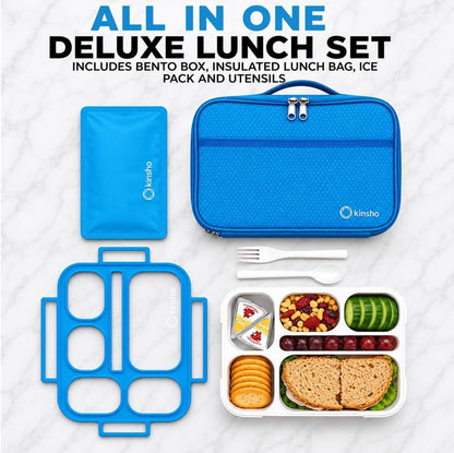 kinsho Lunch Box for Kids Boys Girls - Bento Box Set with Insulated Bag and Ice Pack, 6 Compartment Leak Proof Food Container, BPA-Free, Microwave Safe, Ideal for School & Work, Teal