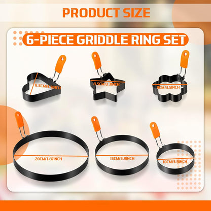 Patelai 6 Pcs Egg Rings Griddle Pancake Molds, Round Style, 4, 6, 8 Inch