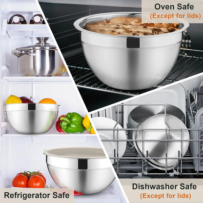 P&P CHEF Mixing Bowls with Lids Set of 6, Stainless Steel Nesting Salad Bowl & 3 Grater Attachments for Prepping Storing, 4.6/2.6/2/1.5/1/0.7 QT, Khaki