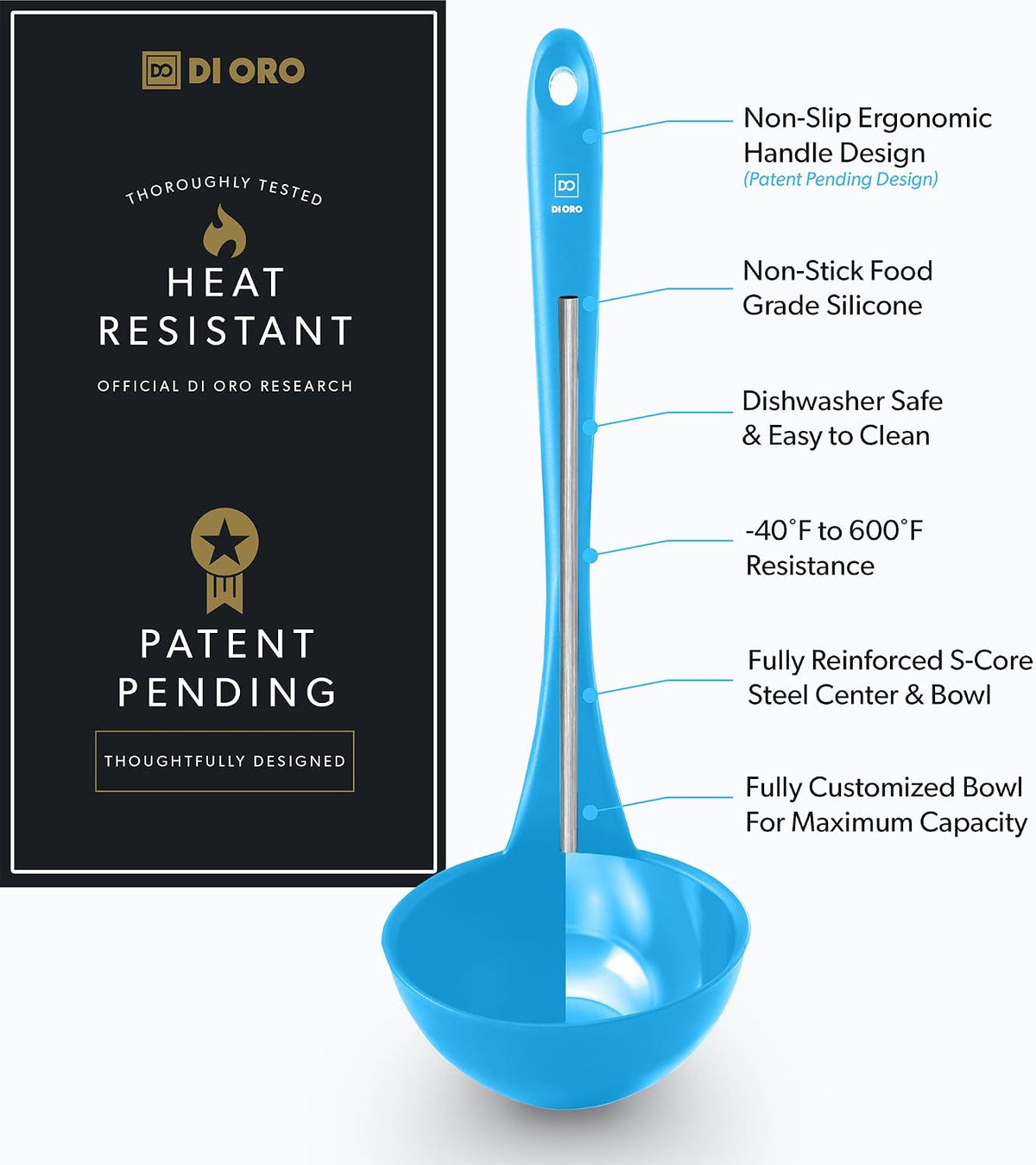 DI ORO Silicone Ladle - Soup & Serving, 600F Heat Resistant, Black