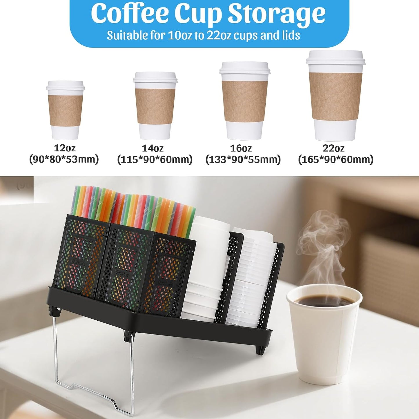 6-Compartment Cup and Lid Holder, Plastic Coffee Cup Holder with Straws Holder, 10-22oz Disposable Paper Cups Organizer for Countertop, Station, Bar,Office, Restaurant, Breakroom