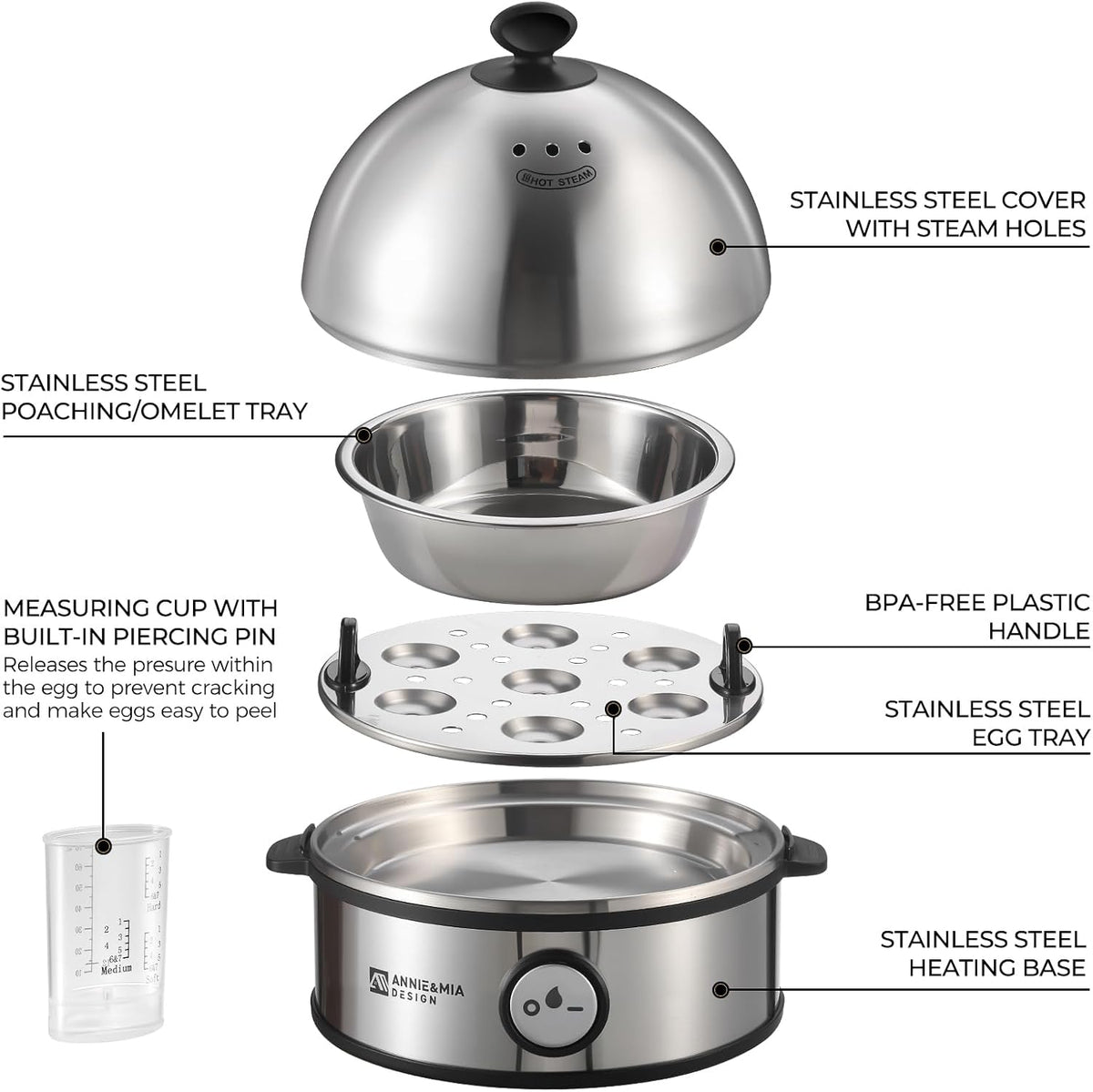 Annie & Mia Design Electric Egg Cooker, All Stainless Steel 7 Egg Capacity egg boiler, 360W, Hard, Medium, Soft Boiled Egg Poacher, egg steamer, Multi-function, Auto Shut-Off Function, BPA-free