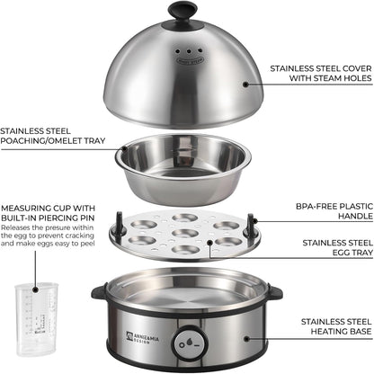 Annie & Mia Design Electric Egg Cooker, All Stainless Steel 7 Egg Capacity egg boiler, 360W, Hard, Medium, Soft Boiled Egg Poacher, egg steamer, Multi-function, Auto Shut-Off Function, BPA-free