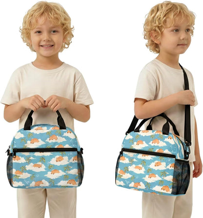 Cute Capybara Pizza Backpack for Girls, 5 Pcs Boys School Bag Set for Kids, 17 Inch Backpacks Lunch Pencil Box Reusable Utensils Case Set for Middle Elementary School, 3rd Grade Backpack