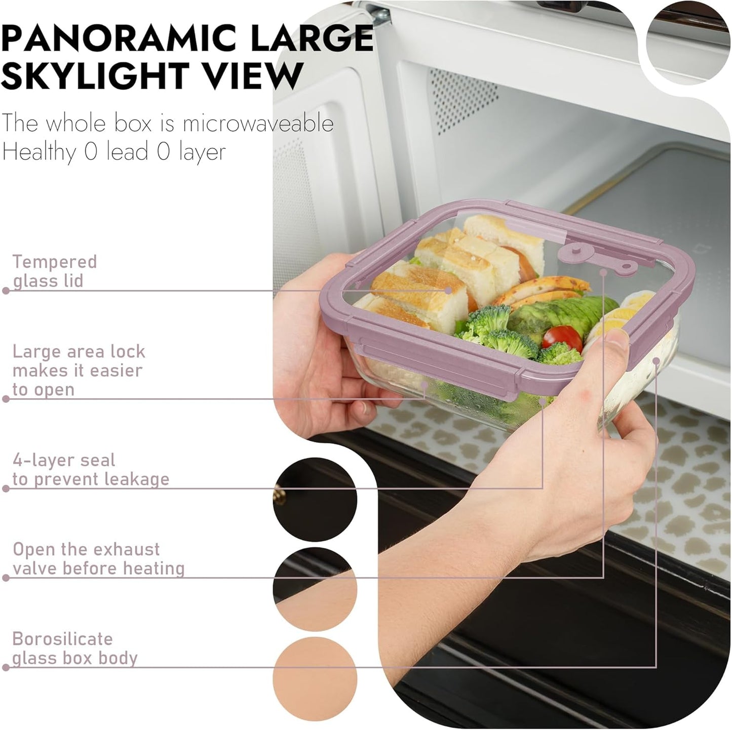 5-Pack Borosilicate Glass Containers with Tempered Lids, 35.2oz/4.4 Cup Airtight Meal Prep Set, Microwave/Freezer Safe (Gray)