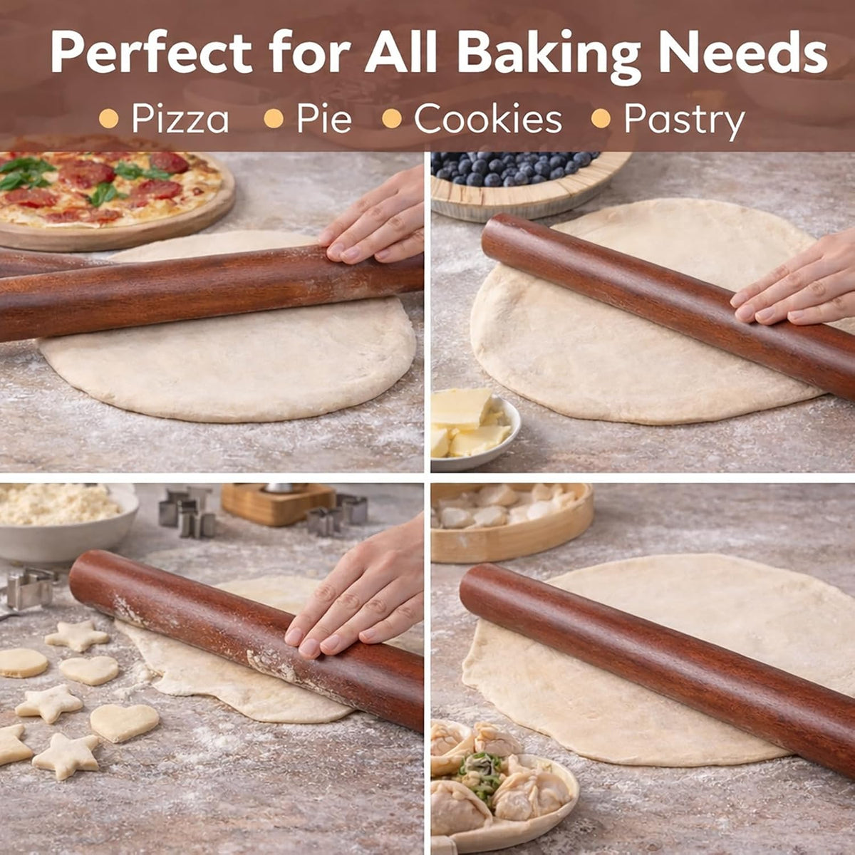 17 Inch French Rolling Pin, Wooden Dough Roller for Baking, Solid Wood Tapered Rolling Pin for Pizza, Pie Crust, Cookies, Pastry, Non-Stick, Easy Control Kitchen Baking Tool, Beech Wood