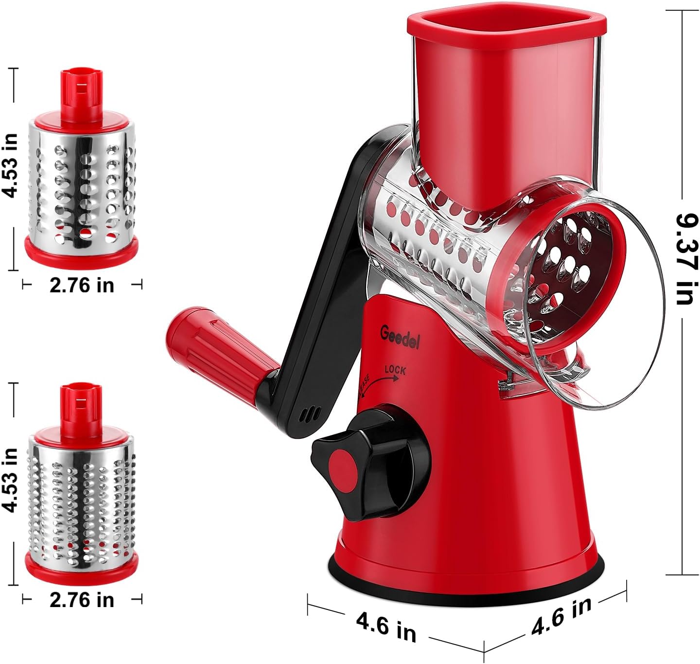Geedel Rotary Cheese Grater, Kitchen Mandoline Vegetable Slicer with 3 Interchangeable Blades, Easy to Clean Rotary Grater Slicer for Cheese, Vegetables, Nuts