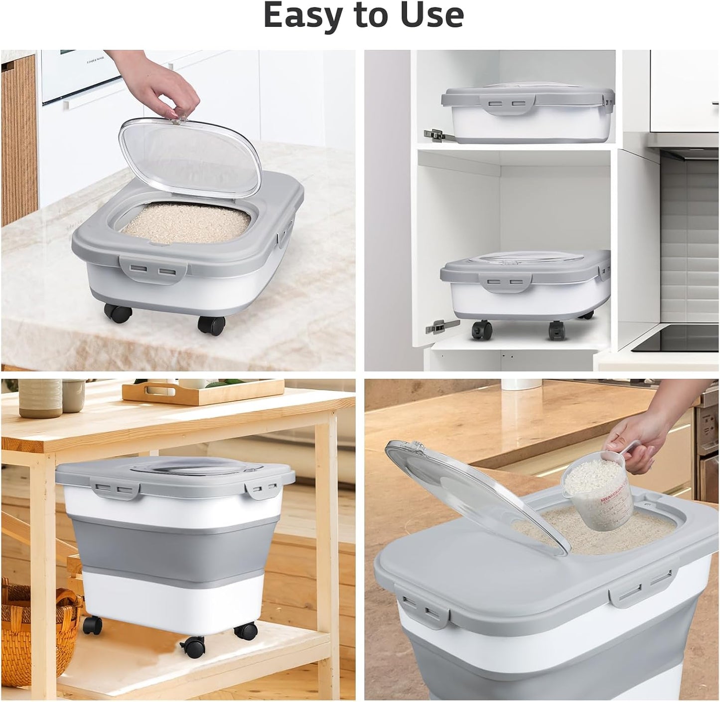 Komzon Rice Storage Containers, Collapsible 20 to 30Lbs Food Storage Bin Dispenser with Rolling Wheel and Clear Airtight Lid, BPA Free Flour, Sugar, Cereal and Dog Cat Pet food Containers