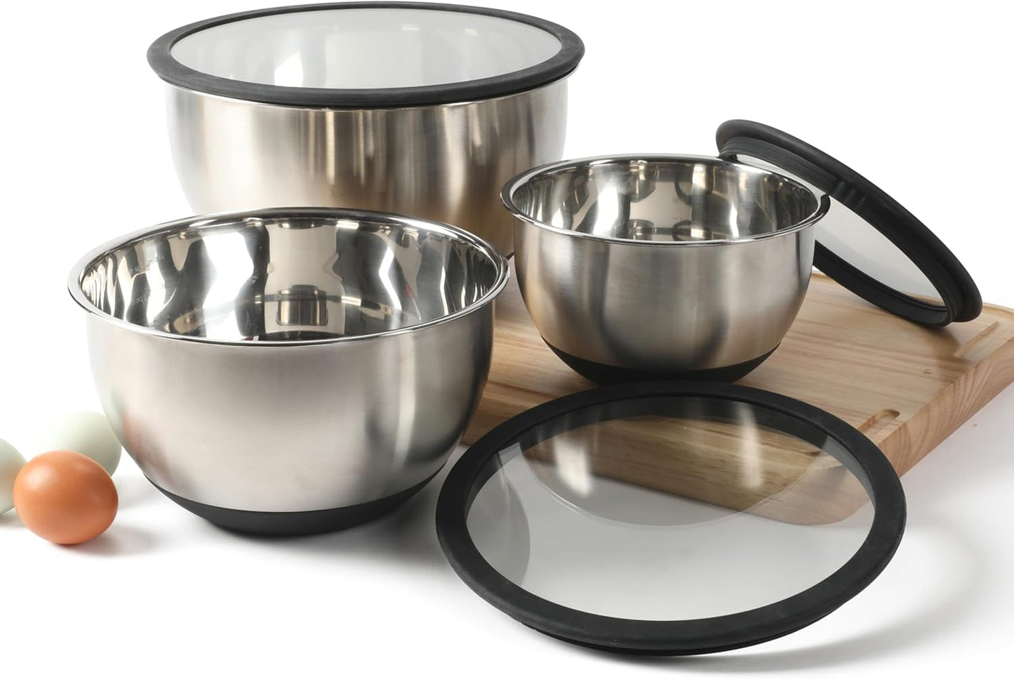 Calphalon Mixing Bowl Set, Stainless Steel Mixing Bowls With Lids, 3-Piece Stainless Steel Mixing Bowls with Glass Lids & Non-Slip Silicone Base, Prep and Storage Bowls Dishwasher Safe