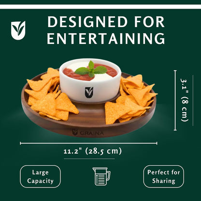 Premium Wooden Chip and Dip Serving Tray Set – Dark Walnut Large Serving Tray with Ceramic Dip Bowl & 2 Wooden Spoons – Chip and Dip Bowl Set for Chips, Snack & Entertaining | Appetizer Platter