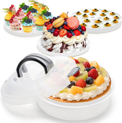 Lawei 12 Inch Round Dessert Carrier with Lid and Handle, 3-In-1 Portable Food Container for Pie, Cupcake, Cheesecake, Deviled Egg, Plastic Cake Transport Container Egg Holder for Picnics, Easter