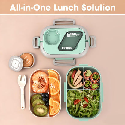 PEDECO All-in-one Bento Lunch Box Set for Adults & Kids with Insulated Bag, Leakproof 3-Compartment and 2-Tier Stackable Container with Portable Sauce Pod, Microwave/Dishwasher Safe, BPA-Free (White)