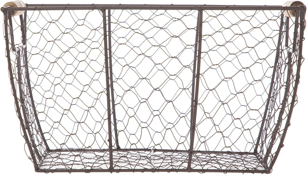 Decorative Brown Chicken Wire Basket with Wood Handles. 12.2x8x7.28