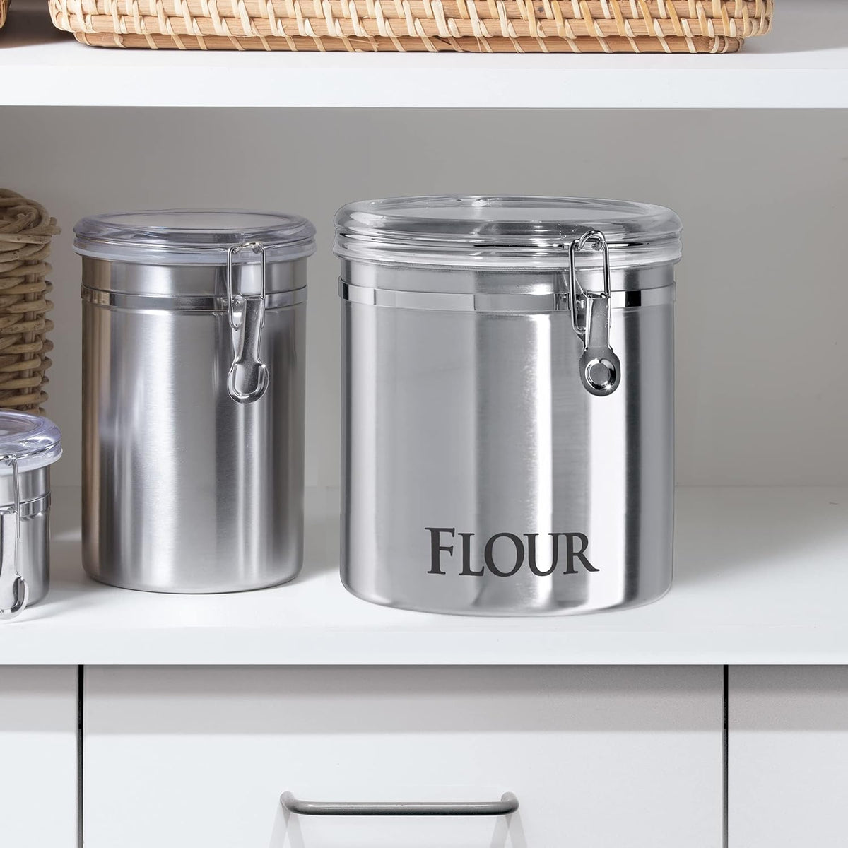 Oggi Stainless Steel Kitchen Canister 62 fl oz - Airtight Clamp Lid, Clear See-Thru Top - Ideal for Kitchen Storage, Food Storage, Pantry Storage. Large Size 5" x 7.5".
