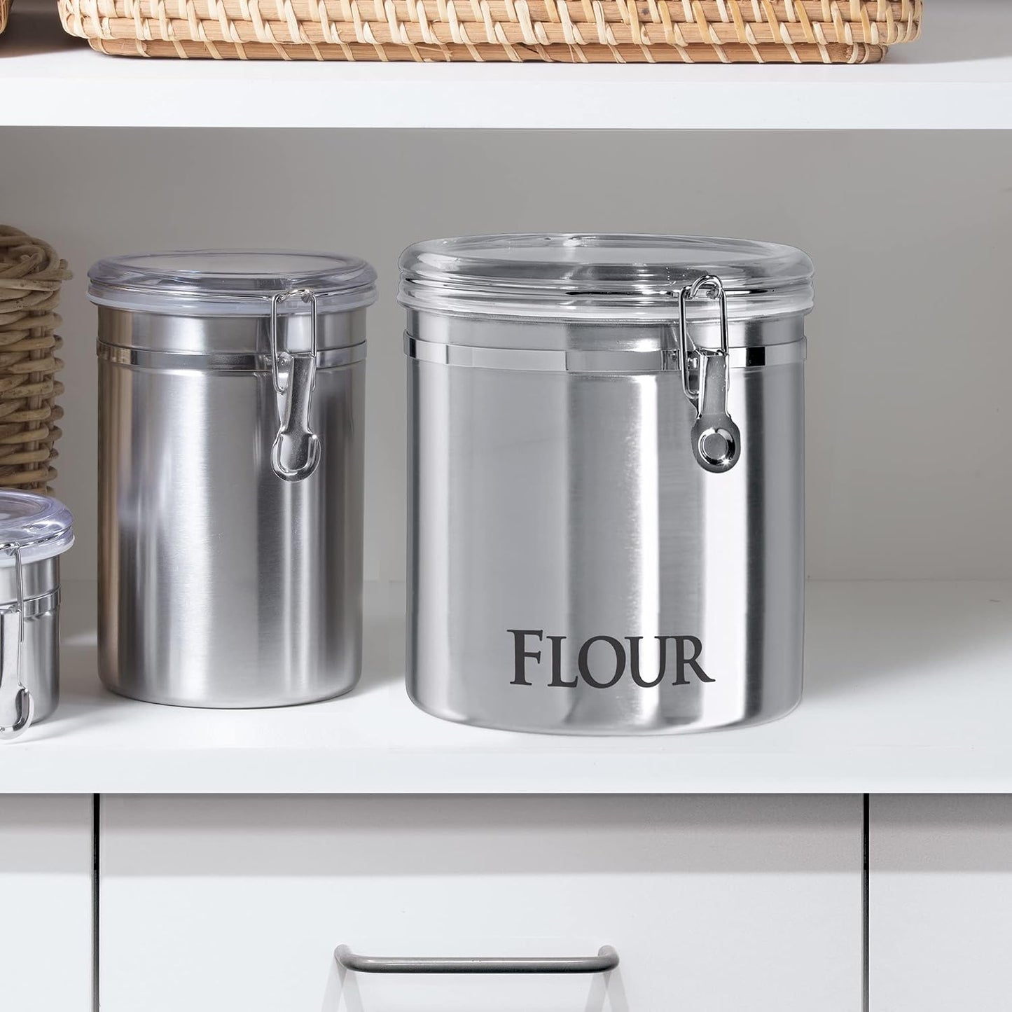 Oggi Stainless Steel Sugar Canister 62 fl oz - Airtight Clamp Lid, Clear See-Thru Top - Ideal Sugar Container for Countertop, Sugar Jar, Bulk Sugar Storage. Large Size 5" x 7.5".