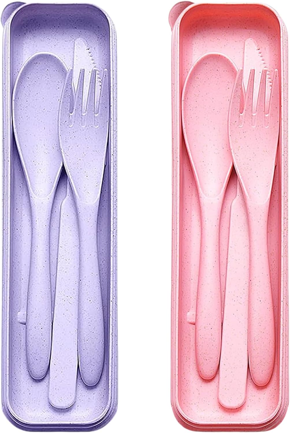 Reusable Travel Utensils Set with Case, 2 Sets Wheat Straw Portable Knife Fork Spoons Camping Cutlery for Lunch Box, Eco-Friendly BPA Free Plastic Tableware for Kids Adults Work Picnic (Purple+Pink)