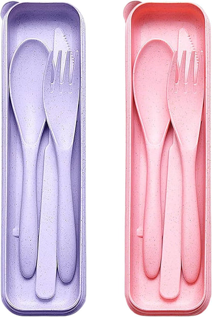 Reusable Travel Utensils Set with Case, 2 Sets Wheat Straw Portable Knife Fork Spoons Camping Cutlery for Lunch Box, Eco-Friendly BPA Free Plastic Tableware for Kids Adults Work Picnic (Purple+Pink)