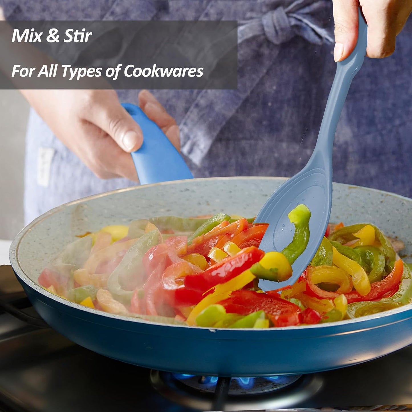 Large Silicone Cooking Spoon, Non-Stick Solid Spoon set with Deep Bolw and Measurement Mark for Mixing, Serving, Draining, Scooping, Scraping, Heat Resistant Kitchen Utensils, Black
