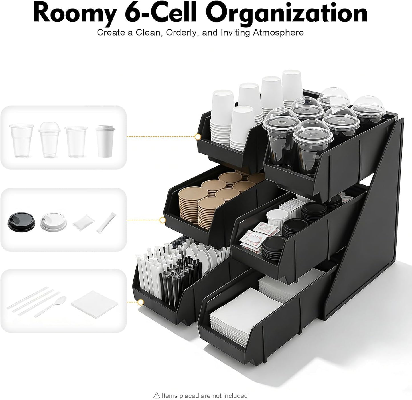 Serve Condiment Bin, 3-Tier 6-Compartment Plastic Containers Storage Bins, Wall Mount or Tabletop Condiment Organizer, Easy Assembly Space-Saving for Kitchen, Restaurant, Party
