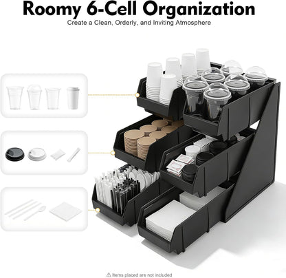 Serve Condiment Bin, 3-Tier 6-Compartment Plastic Containers Storage Bins, Wall Mount or Tabletop Condiment Organizer, Easy Assembly Space-Saving for Kitchen, Restaurant, Party