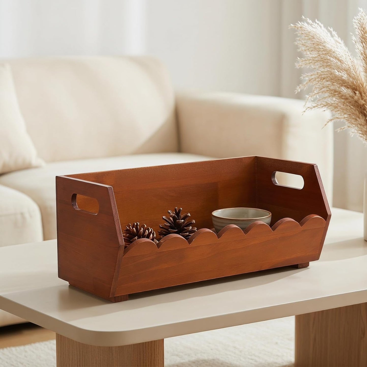 Wood Pantry Organizer Bin with Ergonomic Handles for Potatoes and Bread, Rustic Wooden Storage Basket with Waveshaped Contours and Flat Bottom for Kitchen Pantry or Cabinet