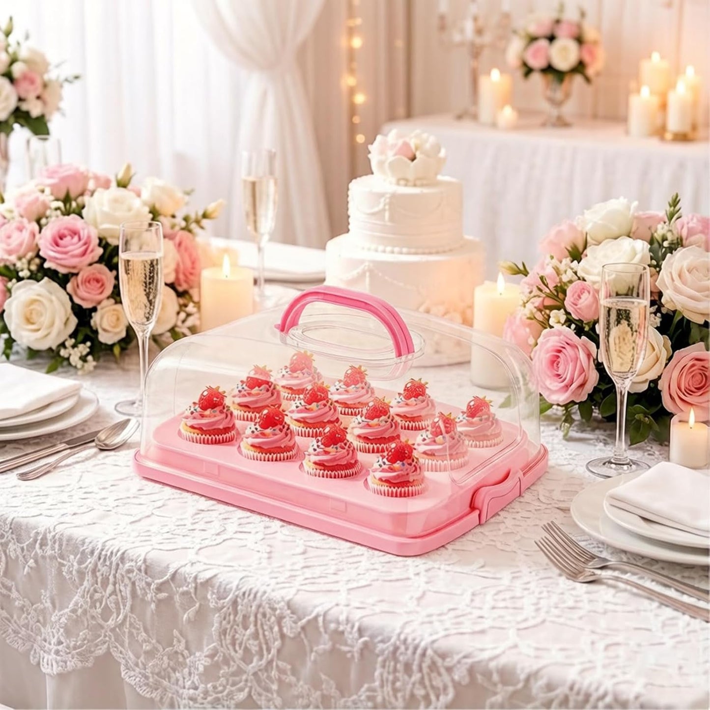 2in1 Cupcake Carrier and Cake Keeper with Lid, Rectangle Pie Carrier,Large Portable Storage Container for Storing 12 Cupcakes or 1 Large Cake (White)