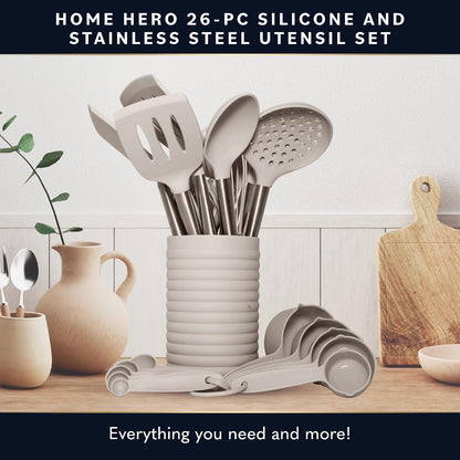 Home Hero Silicone Kitchen Utensils Set - Heat Resistant Non-Scratch Cooking Utensils - Ergonomic Silicone Spatula Set - Dishwasher Safe Kitchen Tools - 26 Piece, Stone