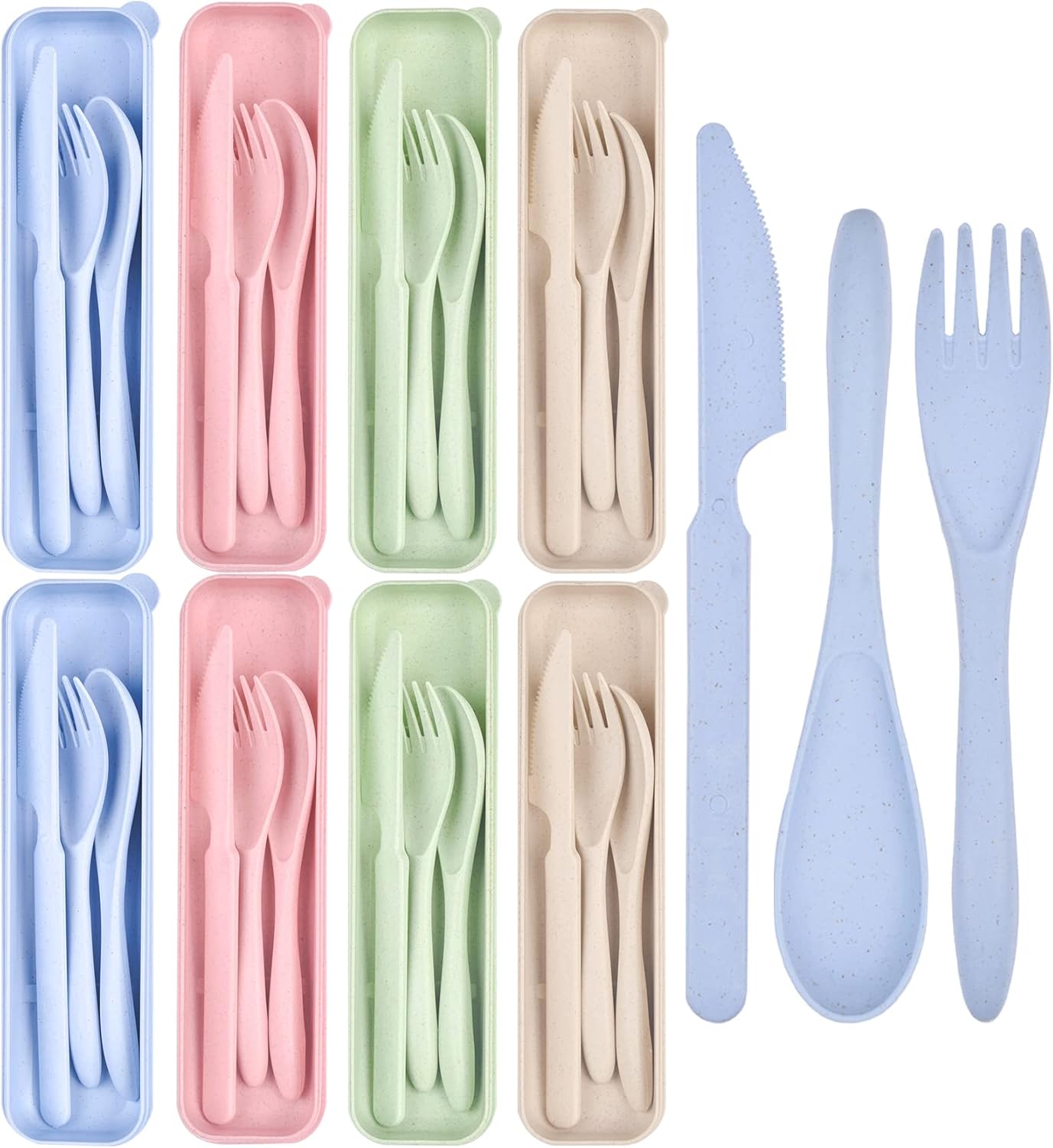 Lnrkai Travel Utensils Set with Case, 4 Sets Wheat Straw Reusable Spoon Knife Forks Tableware, Portable Cutlery Set for Lunch Box Accessories for Adults Travel Picnic Camping or Daily Use
