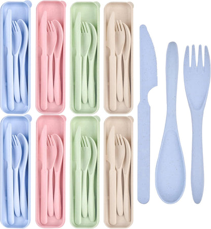 Lnrkai Travel Utensils Set with Case, 4 Sets Wheat Straw Reusable Spoon Knife Forks Tableware, Portable Cutlery Set for Lunch Box Accessories for Adults Travel Picnic Camping or Daily Use