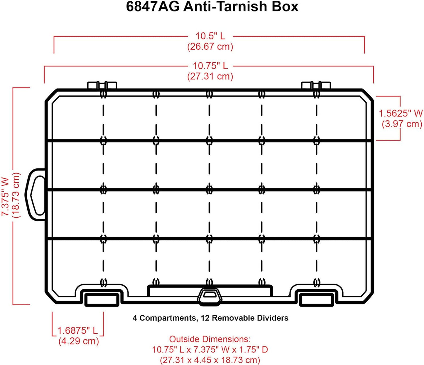 ArtBin 6944AG Medium Anti-Tarnish Box with 15 Removable Dividers, Jewelry & Craft Organizer, 1 Plastic Storage Case with Anti-Tarnish Technology, Clear with Aqua Accents 10.875” x 7.0” x 1.75”