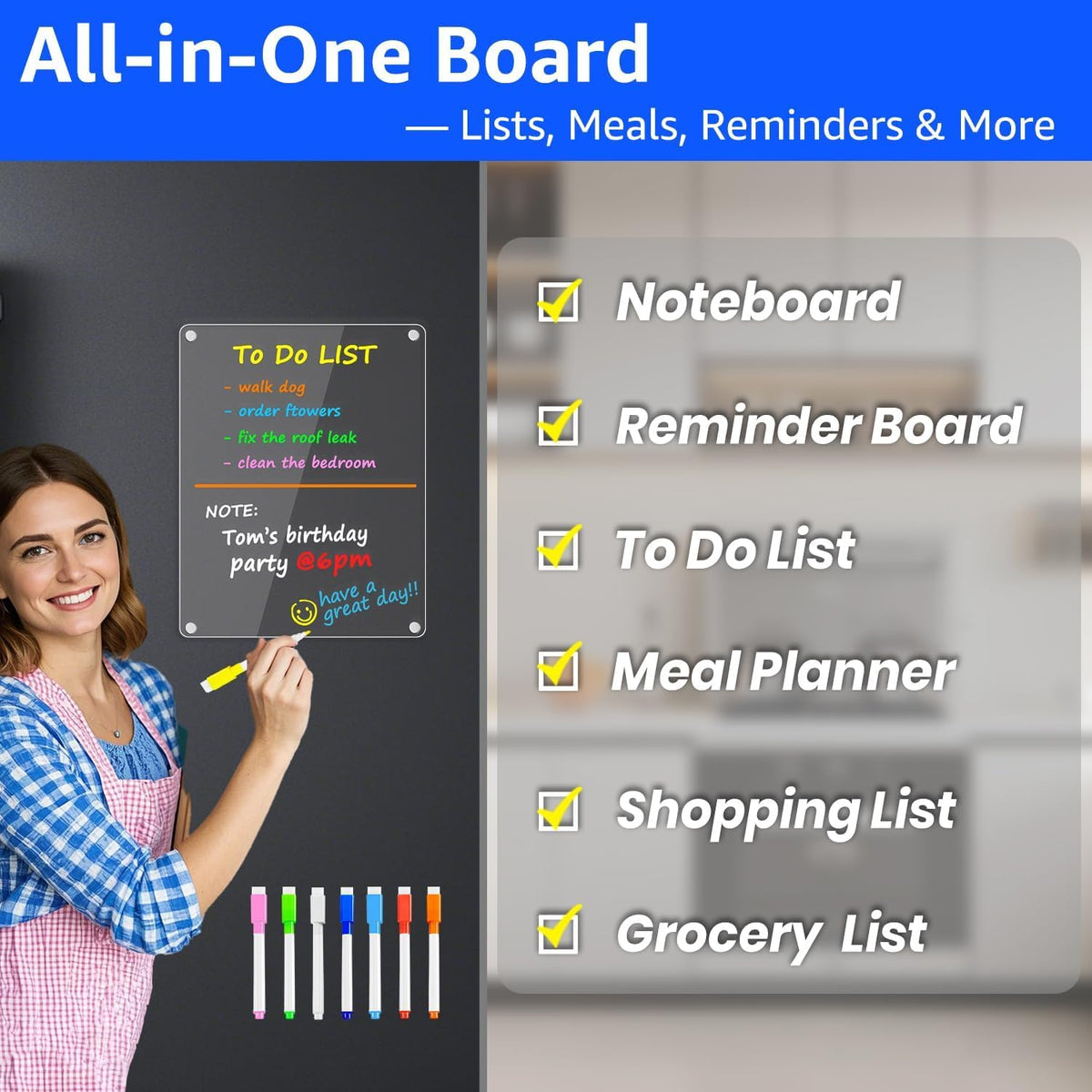 PigPotParty Acrylic Magnetic Chore Chart for Adults, 12x9.5 Inch Clear Dry Erase Chore Board for Fridge, Daily Weekly and Notes Sections, Pre-Installed Embedded Magnets, 8 Fine-tip Markers and Towel