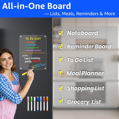 PigPotParty Acrylic Magnetic Chore Chart for Adults, 12x9.5 Inch Clear Dry Erase Chore Board for Fridge, Daily Weekly and Notes Sections, Pre-Installed Embedded Magnets, 8 Fine-tip Markers and Towel