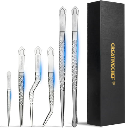 CREATIVECHEF 6Pcs Titanium Cooking Tongs Set - Professional food tongs for Plating, Lightweight Professional Chef Tweezers for cooking (black)