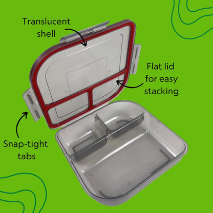 Large To-Go 3-Compartment Food Container, 9-3/8" X 9-3/8" X 2-1/2", Reusable, Microwave Safe, Smoke/Red
