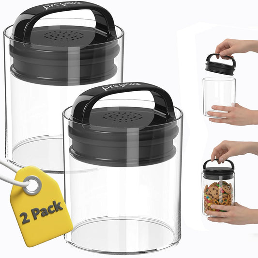 Prepara Evak Fresh Saver Short Vacuum Seal Canisters, Assorted Sizes - Grip Handle Lid, BPA Free Twin-Valve Airtight Jar for Coffee, Tea, Snacks - Pantry Organizer & Compact Kitchen Storage (3-Pack)