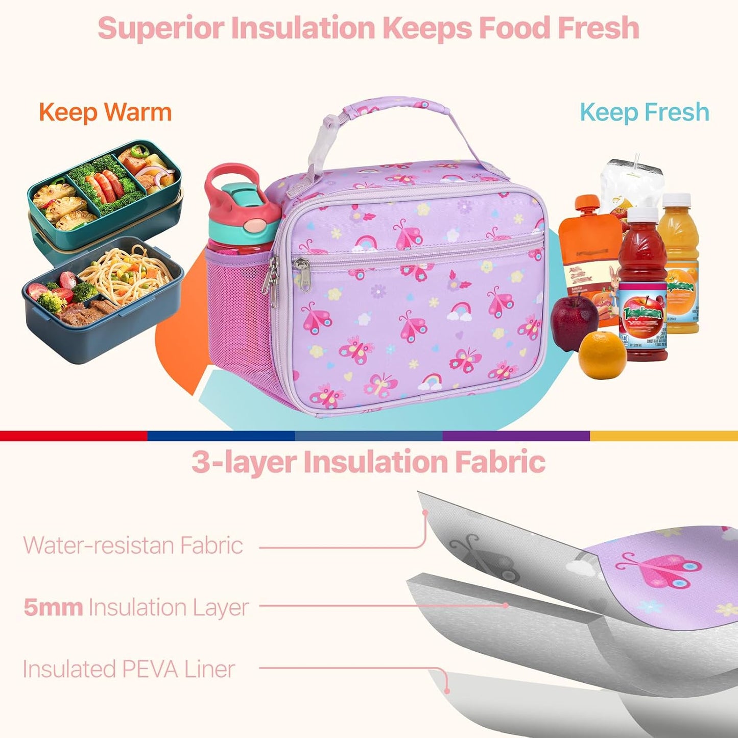 Bagseri Kids Lunch Bag Boys - Thermal Insulated Lunch Box Tote with Water Bottle Holder, Reusable Leak-Proof Kids Lunch Box for Daycare & School, Black Dinosaur (Containers Not Included)