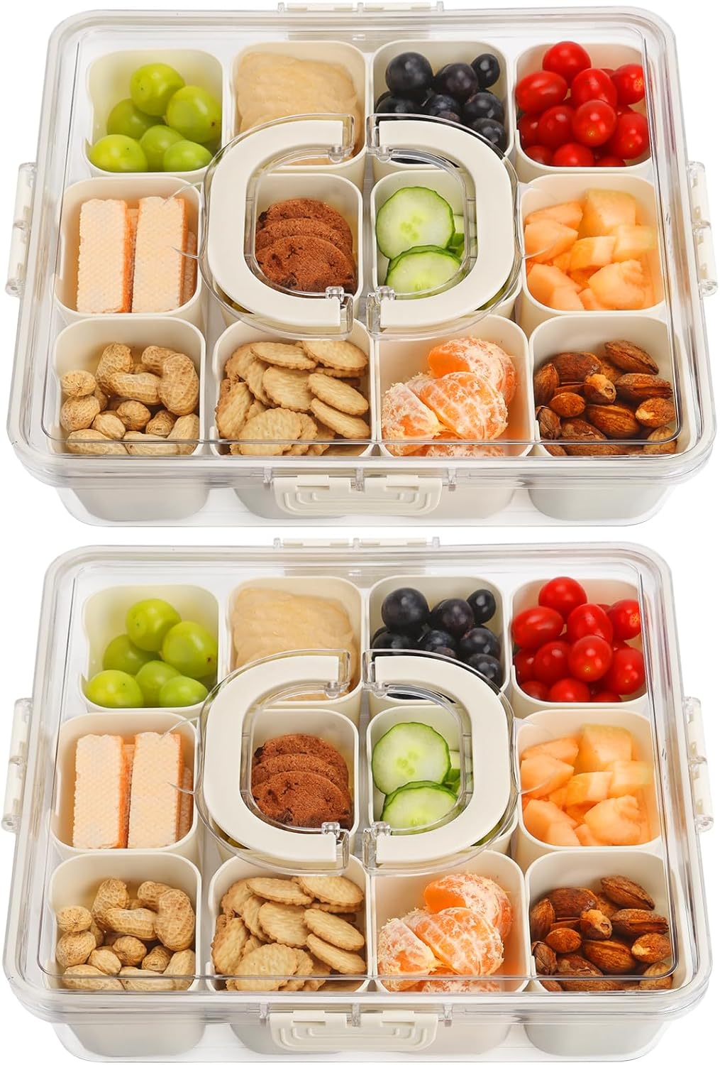 shopwithgreen 2Pcs Divided Serving Tray with Lid and Handle, Portable Snackle Box Snack Containers for Charcuterie, Party, Veggies, Snack, Fruit, Nuts, Candy, Chip, Entertaining, Picnic