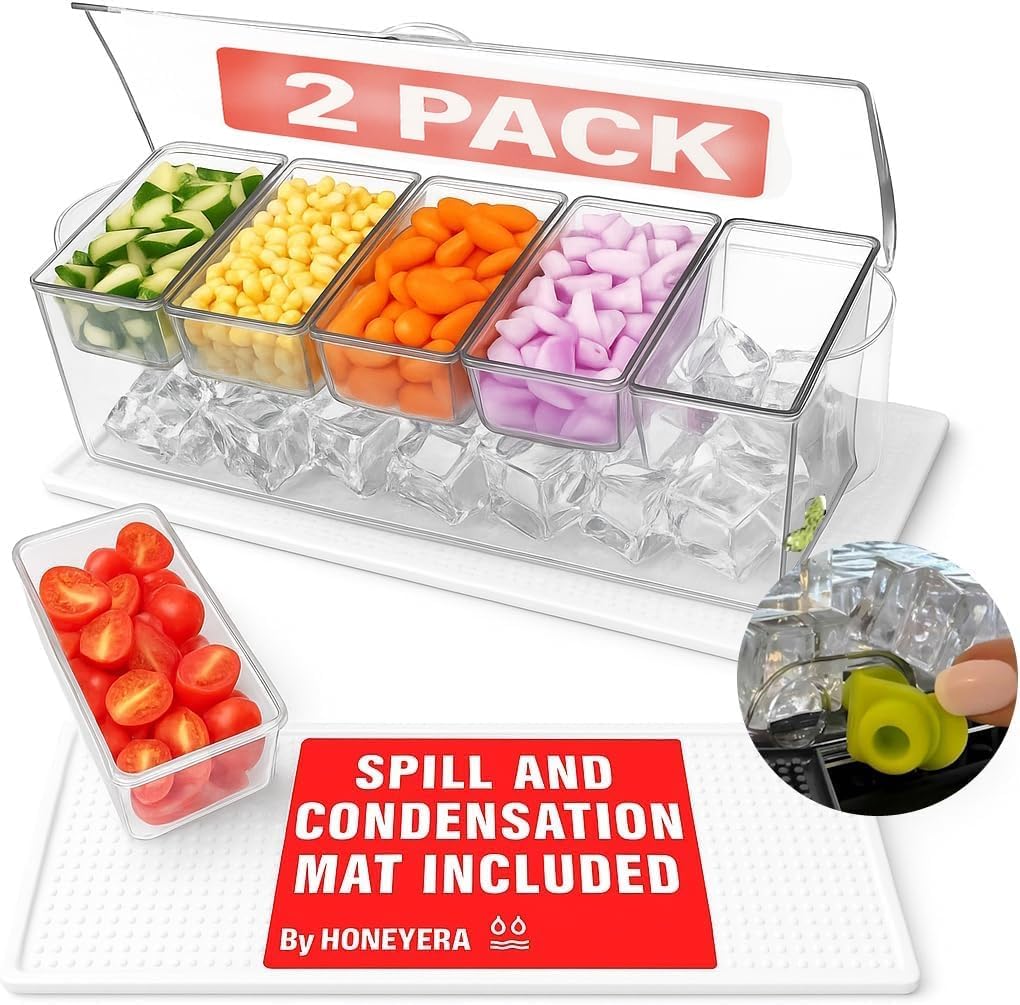 Honeyera Chilled Condiment Server | Hosting Essentials for Up to 80 Oz of Ice | Mimosa Bar Supplies Drain Plug | BPA-Free Taco Bar/Salad Bar | Food-Safe Condiment Caddy (Parent) (White, 2 Pack)